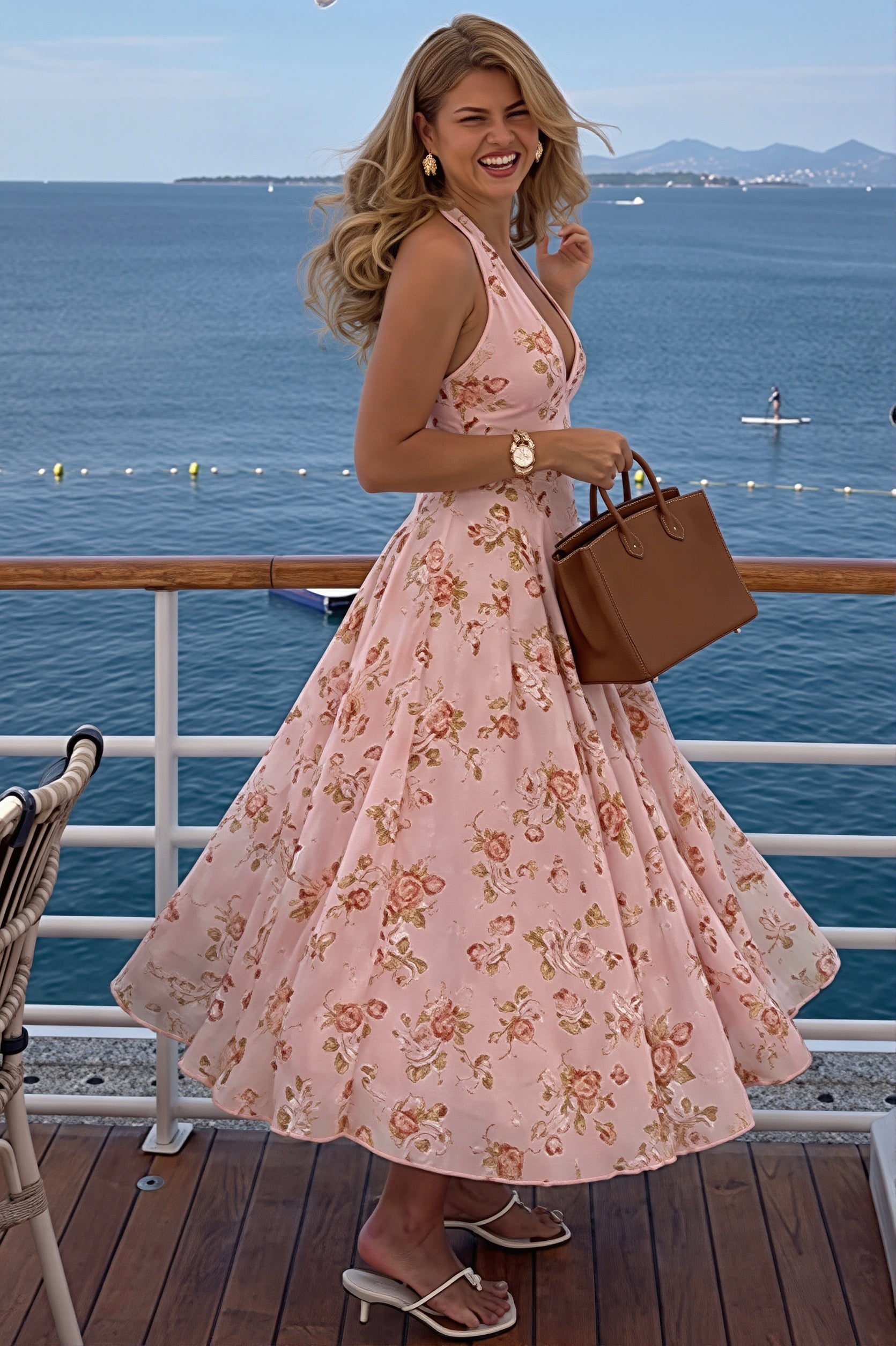 Print Halter Sheer-Mesh Backless Midi Dress