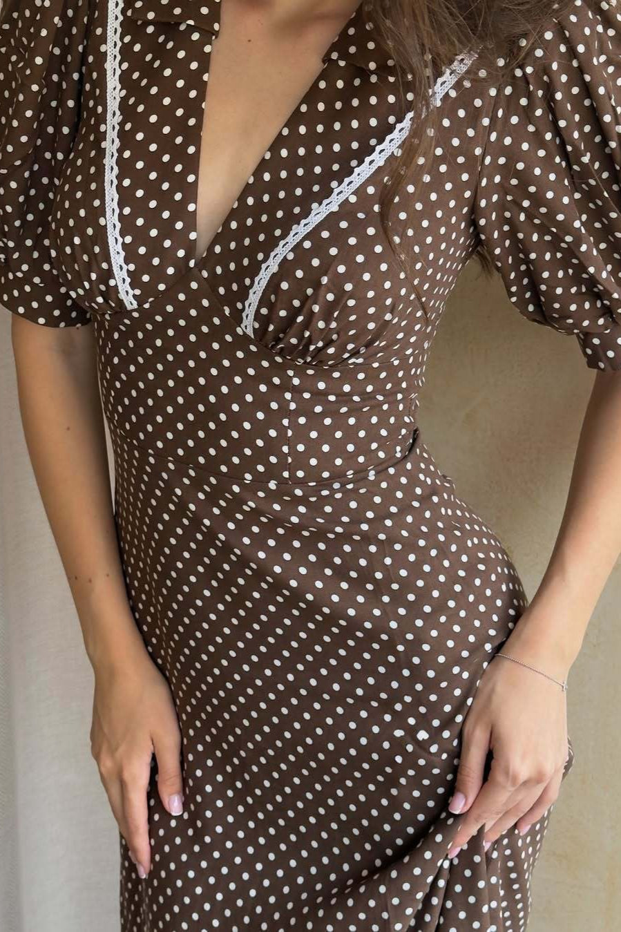 Polka Dot V-Neck Puff Bodycon Maxi Dress