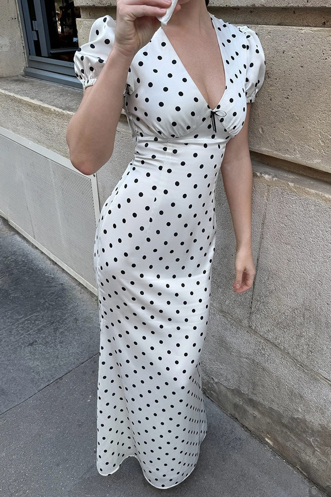 Polka Dot Puff-Sleeve Tie-Waist Maxi Dress
