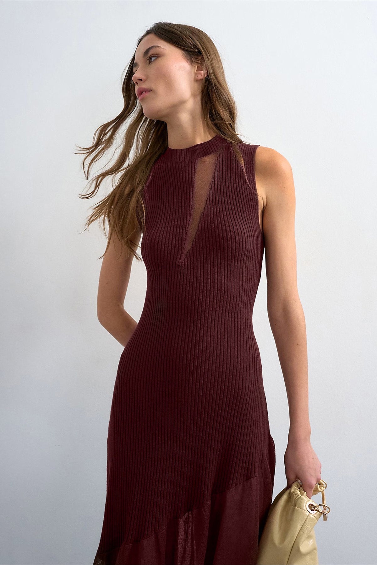 Ribbed-Knit Mesh-Splice Maxi Dress