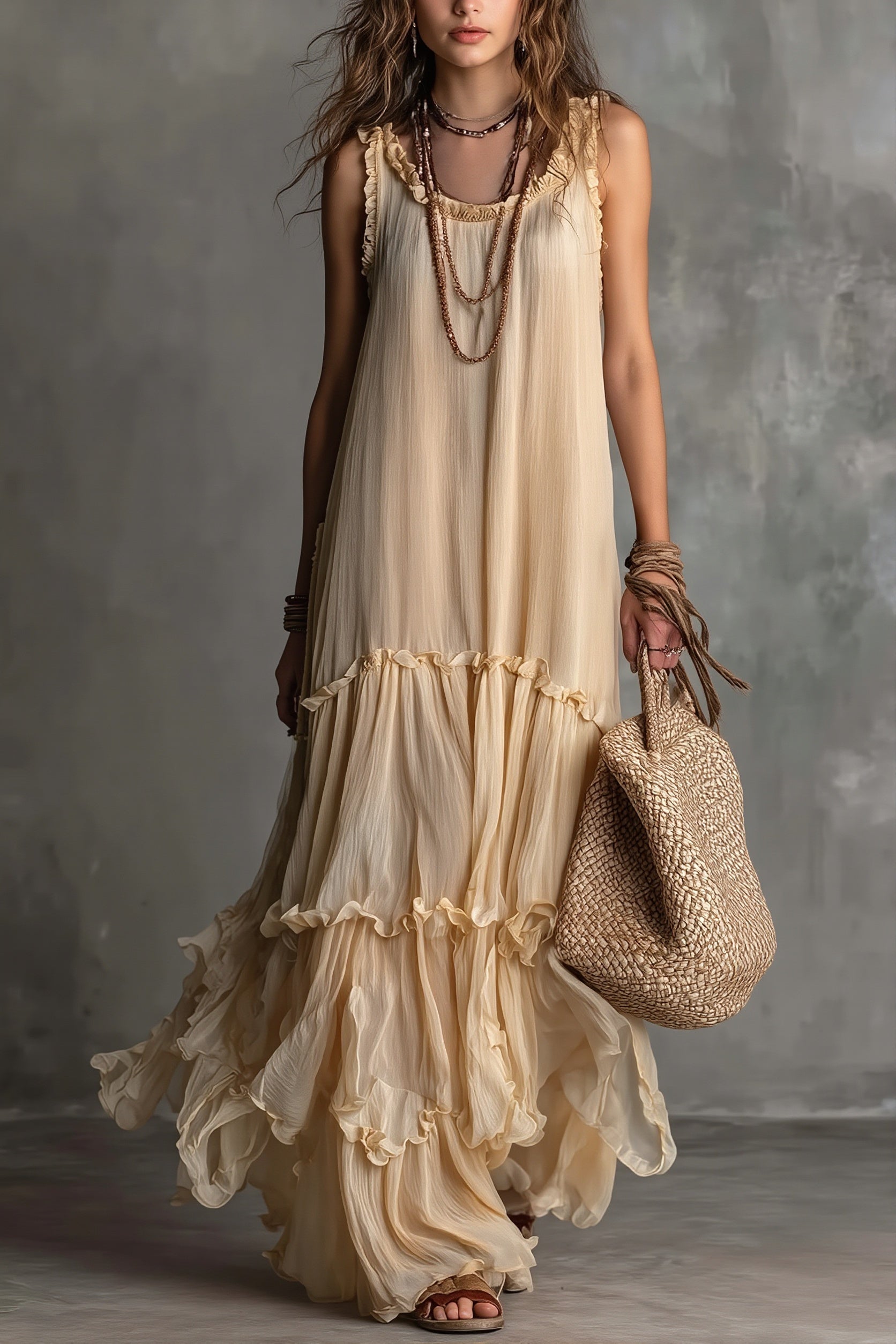 Flowy Pleated Boho Maxi Dress