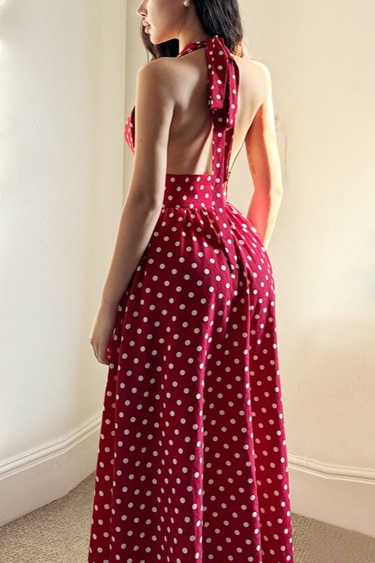 Red Polka Dot Halter Backless Maxi Dress