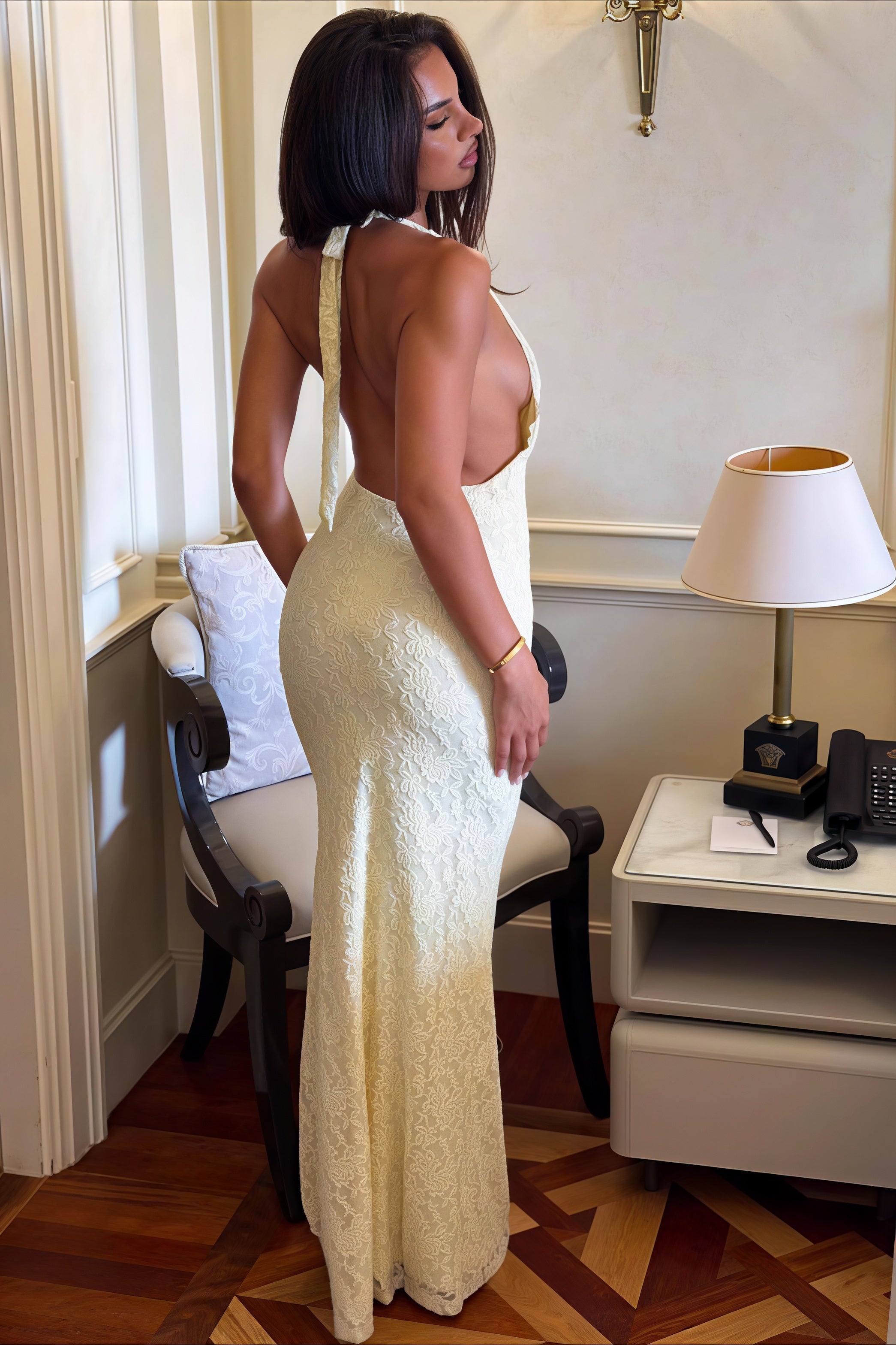 Lace Halter Tie-Back Bodycon Maxi Dress