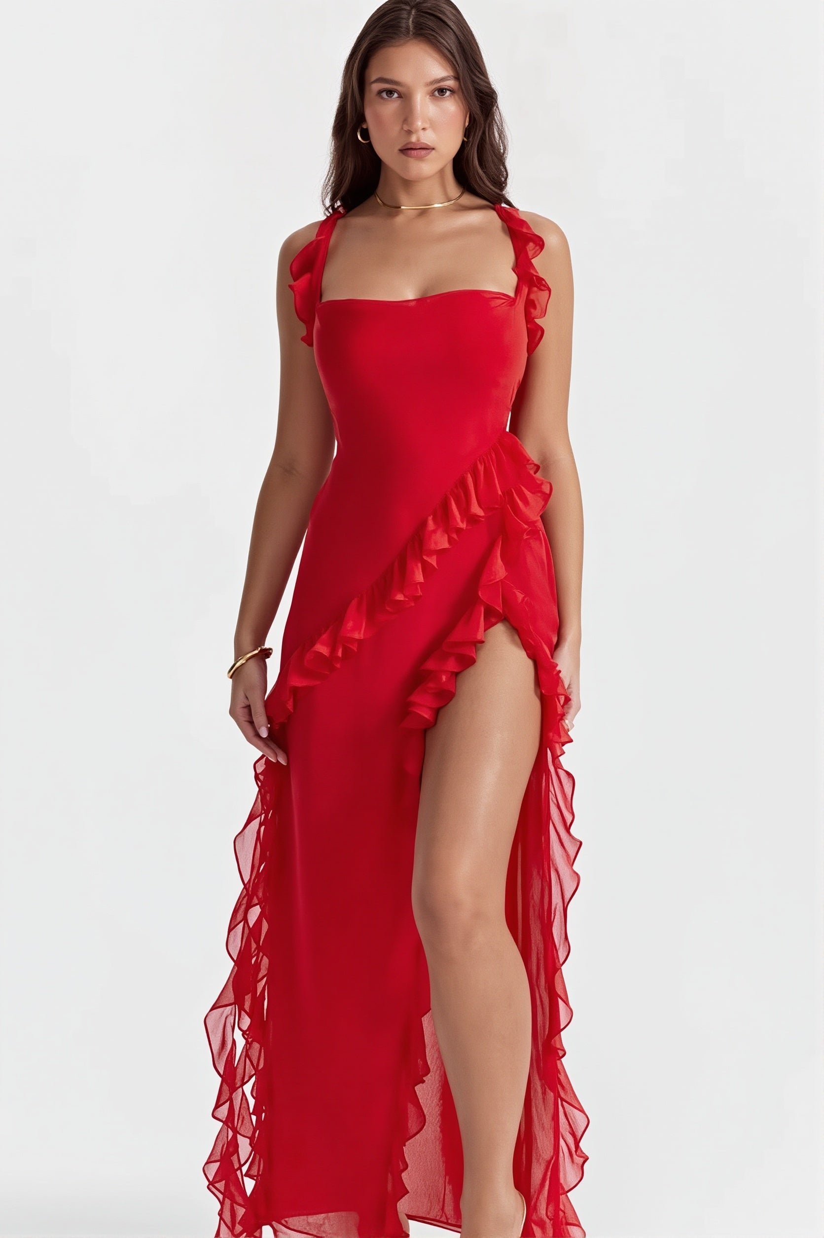 Ribbon Ruffle-Splice Slit Maxi Dress