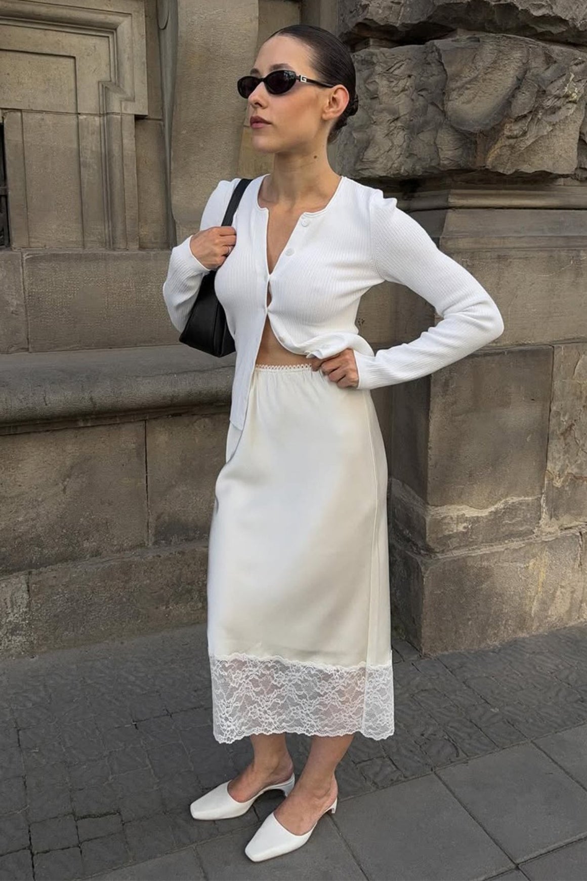 Satin Lace-Trim Bodycon Skirt