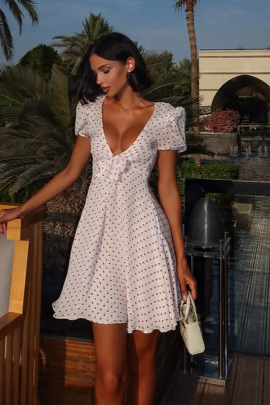 Polka Dot Deep-V Puff-Sleeve Mini Dress