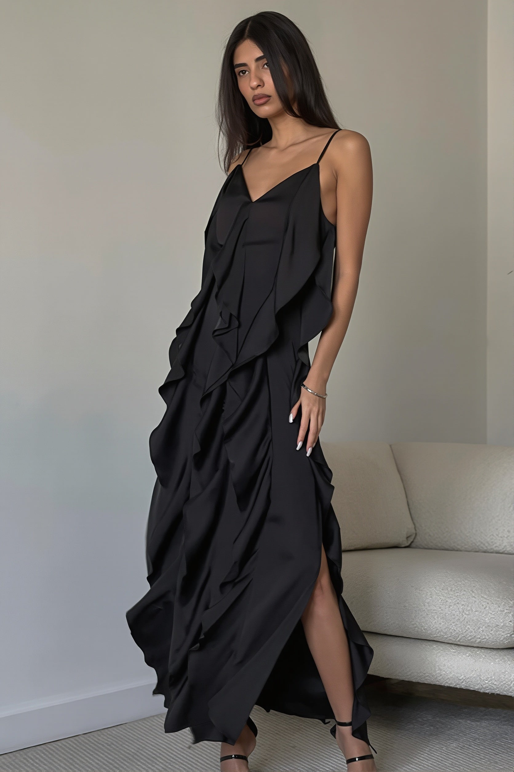 Ruffle-Trim V-Neck Cami Slip Maxi Dress