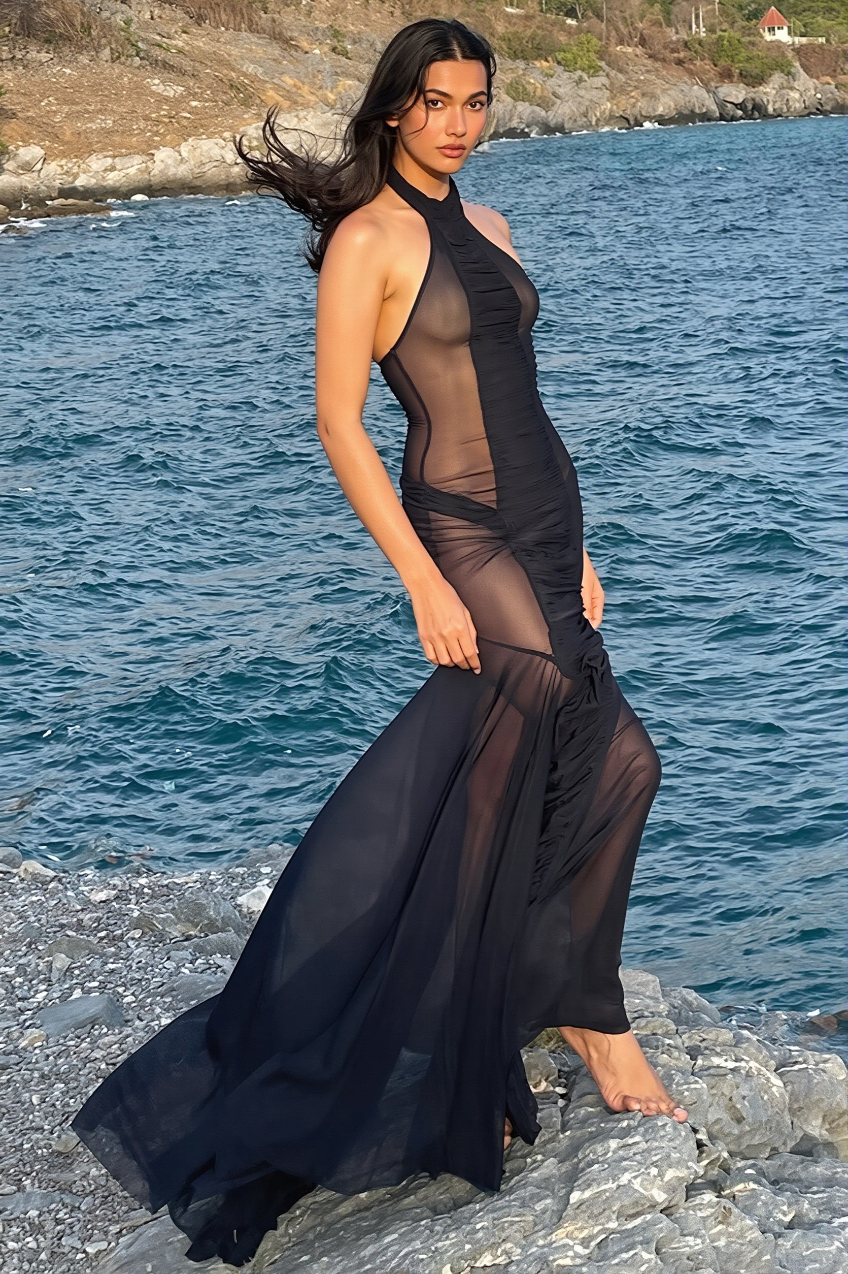 Halter Mesh Sheer Cutout-Back Maxi Dress
