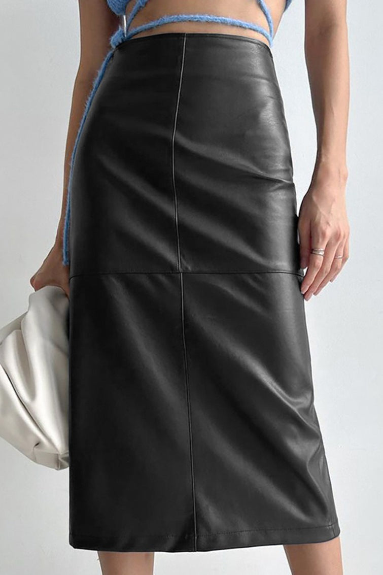 Faux Leather Side-Split Slim-Fit Midi Skirt