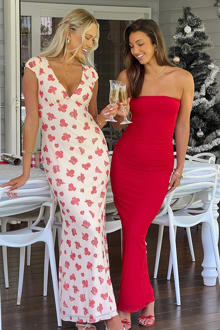 Floral Bandeau Mesh Ruched Maxi Dress