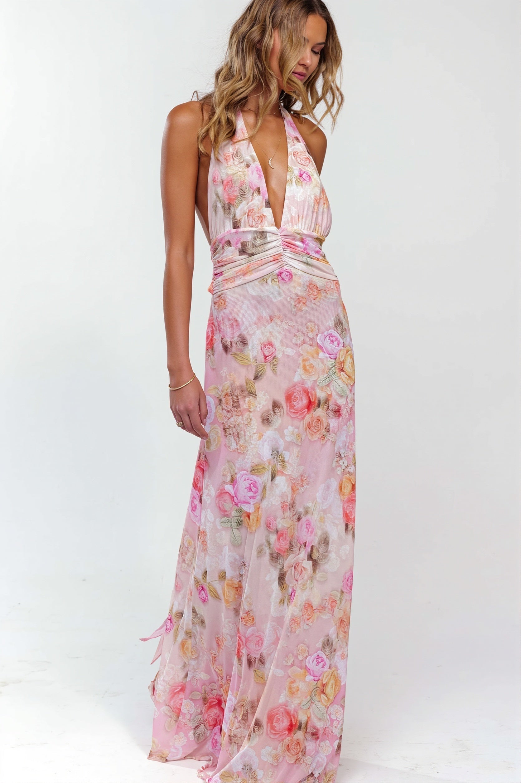 Printed Halter Backless Slim Maxi Dress
