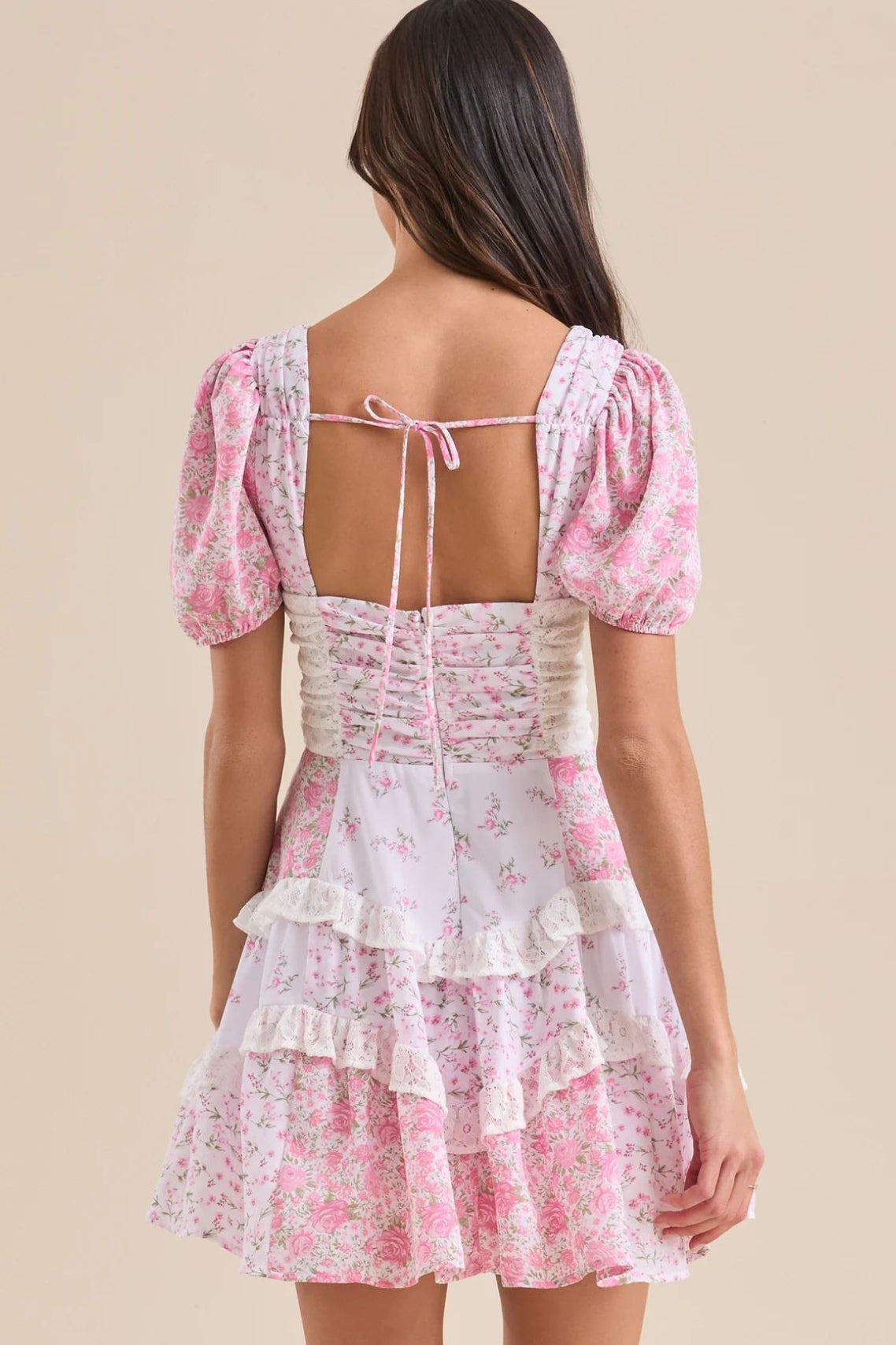 Floral Lace-Patchwork Puff-Sleeve Mini Dress
