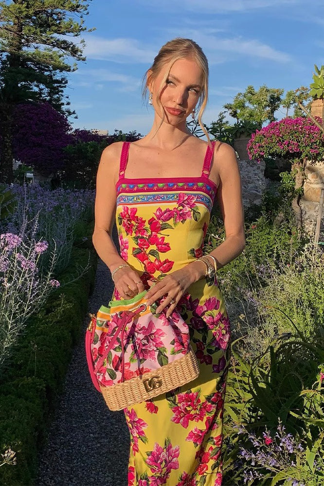 Vintage-Print Cami Slim Midi Dress
