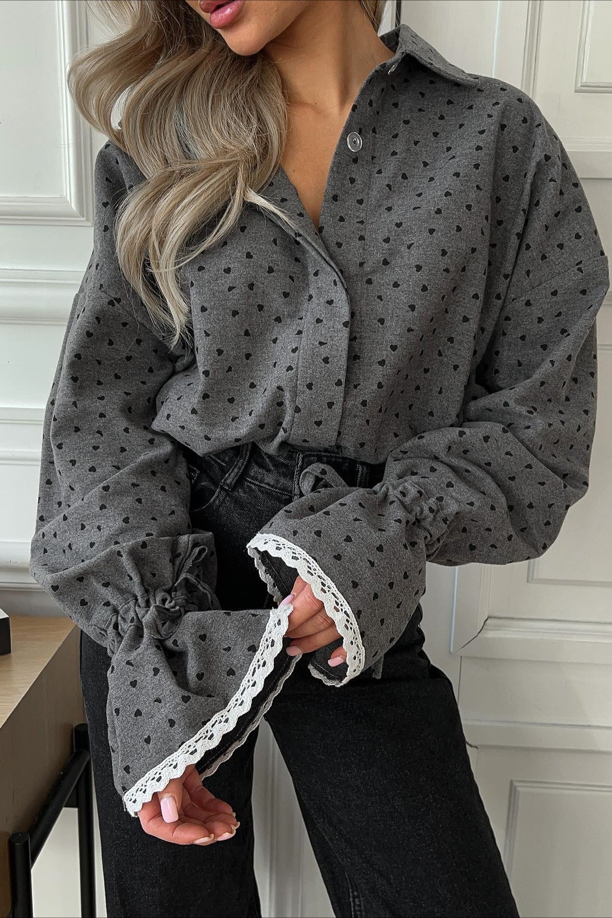Polka Dot Lace-Cuff Collar Blouse