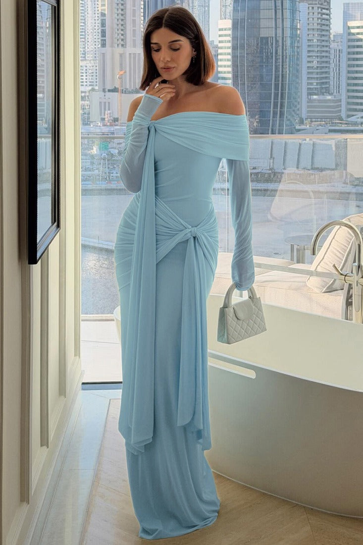 Off-Shoulder Tie Bodycon Maxi Dress