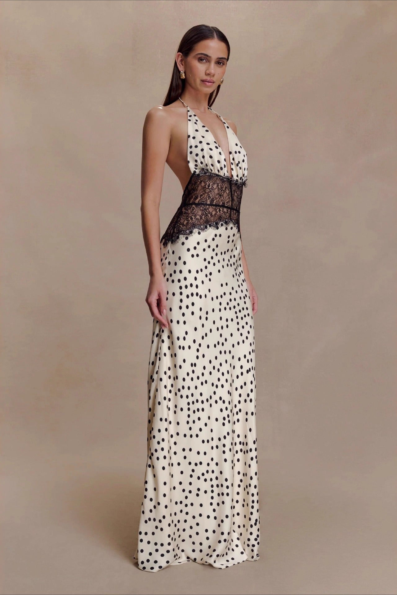 Polka Dot Lace-Patchwork Deep-V Maxi Dress