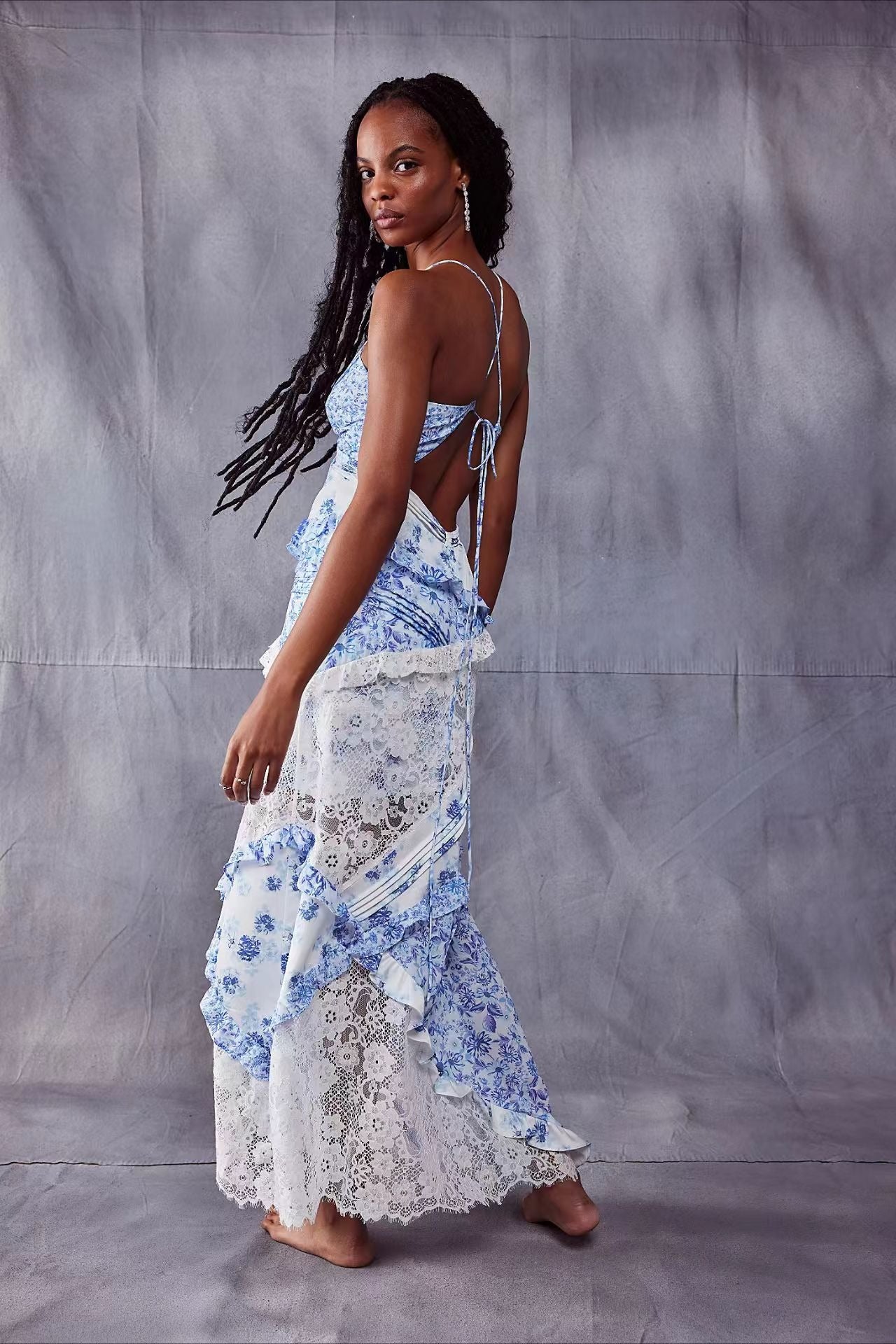 Floral Lace-Patchwork Ruffle Cami Maxi Dress
