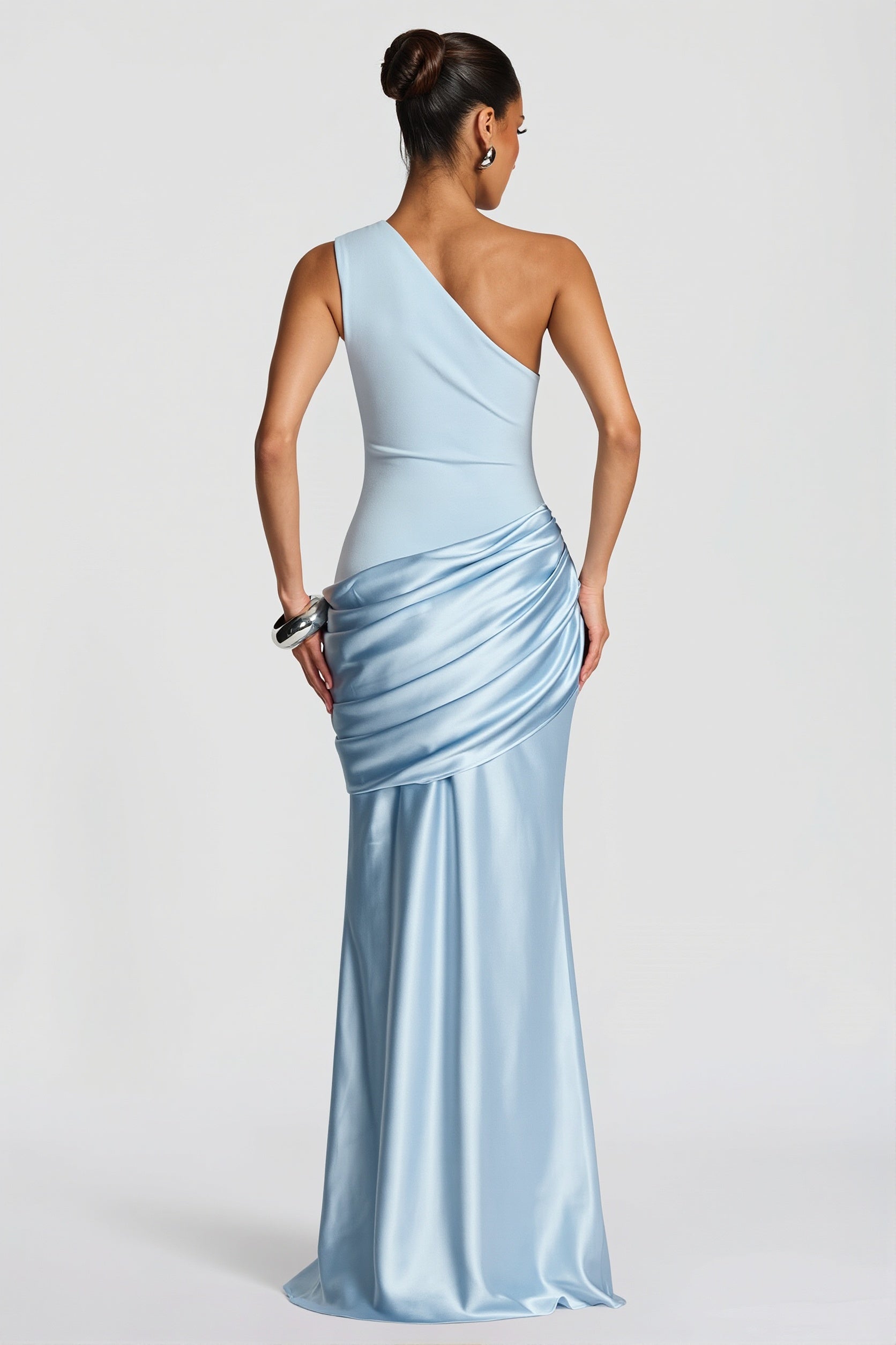 Satin-Splice Ruched Slim Maxi Dress