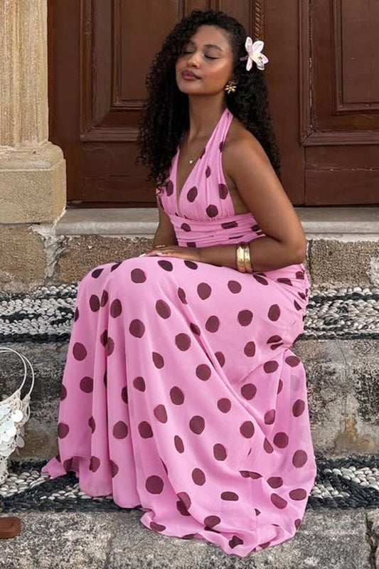 Polka Dot Halter V-Neck Maxi Dress