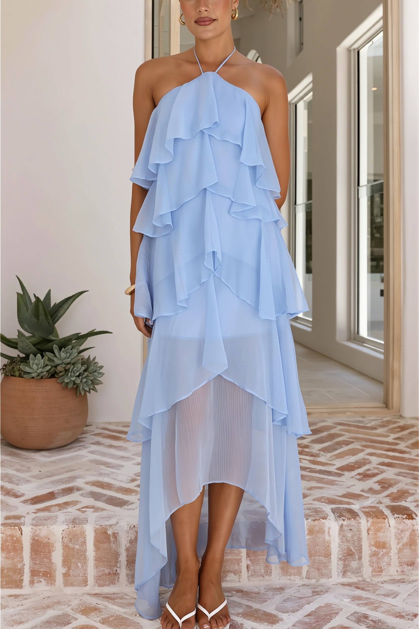 Tiered Ruffle Chiffon Maxi Dress