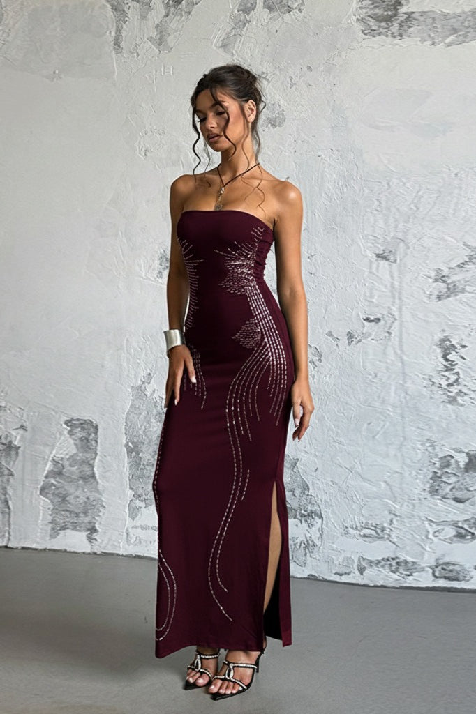 Rhinestone Strapless Off-Shoulder Maxi Dress