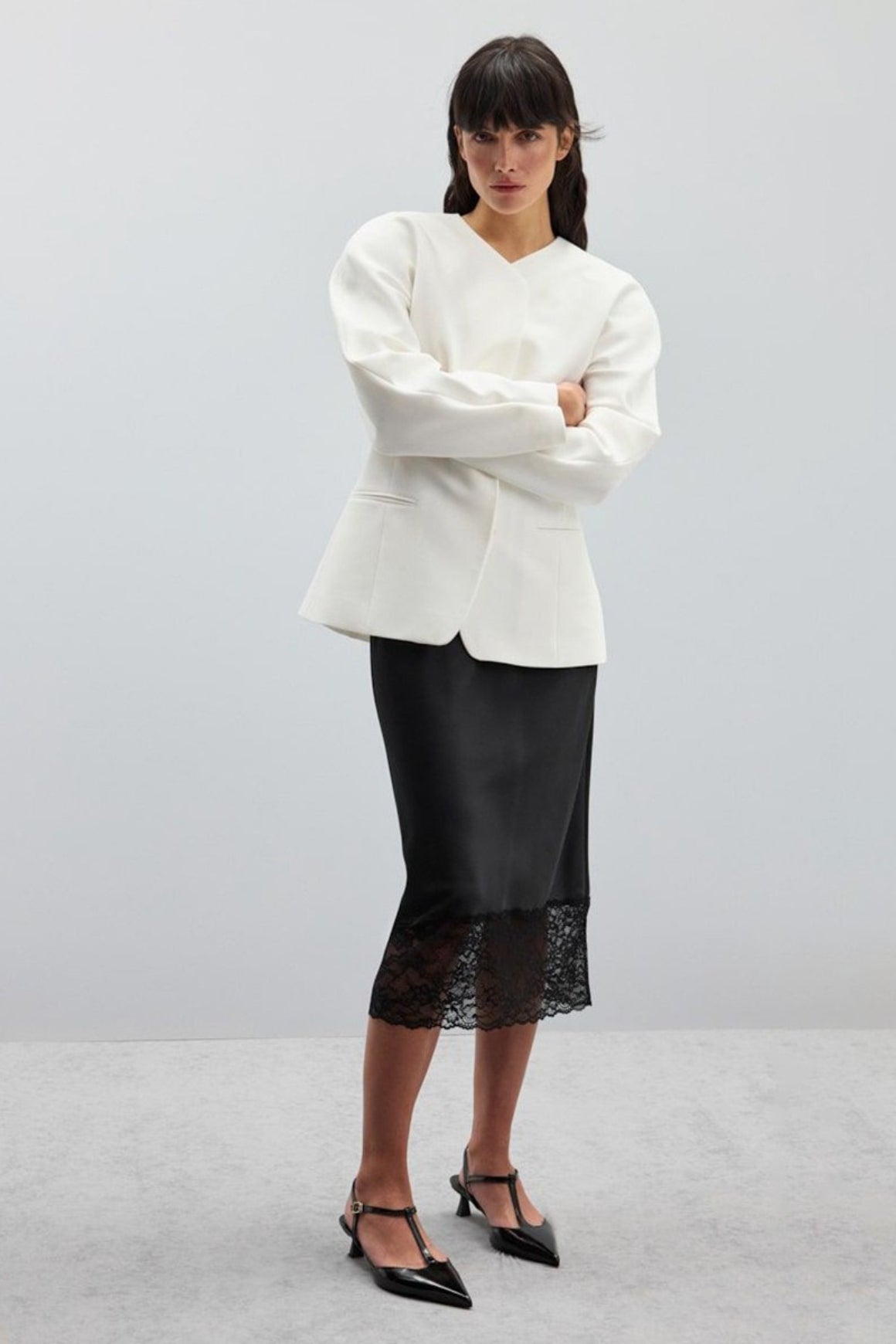 Satin Lace-Trim Bodycon Skirt