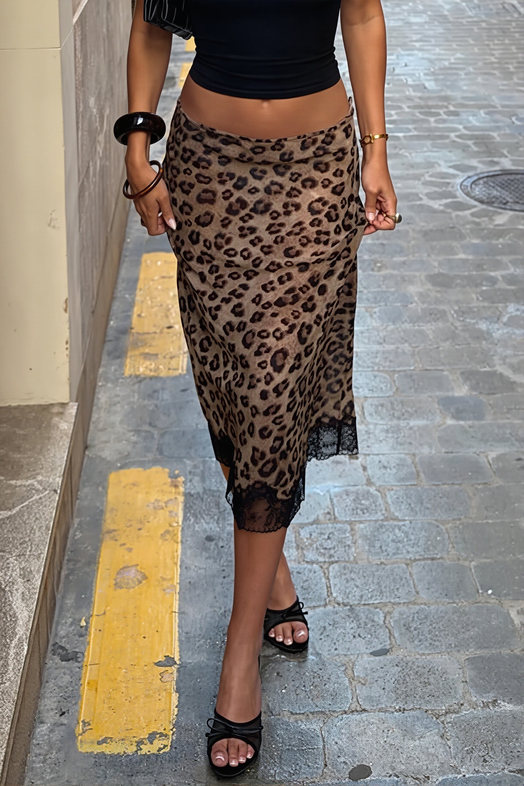 Leopard Lace-Mesh Low-Waist Skirt