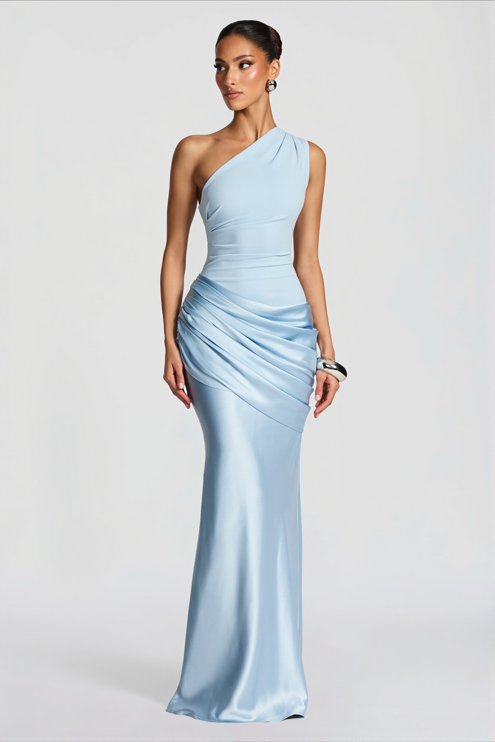 Satin-Splice Ruched Slim Maxi Dress