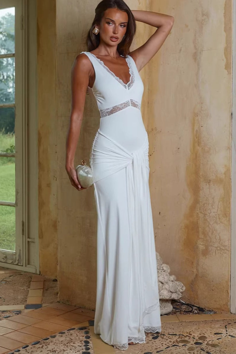 Lace-Panel Tie-Strap Bodycon Maxi Dress