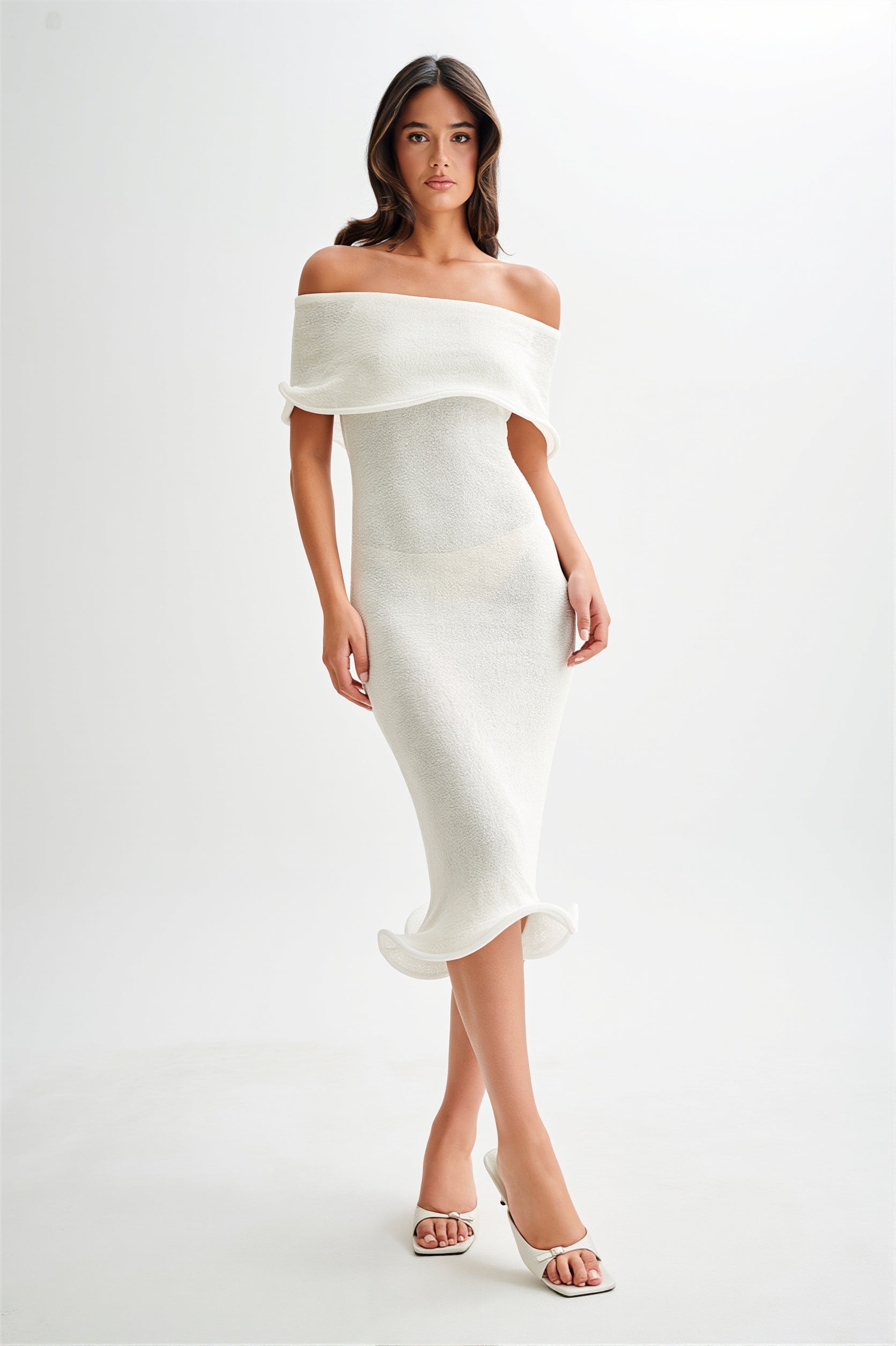 Off-Shoulder Ruffle Knit Midi Dress