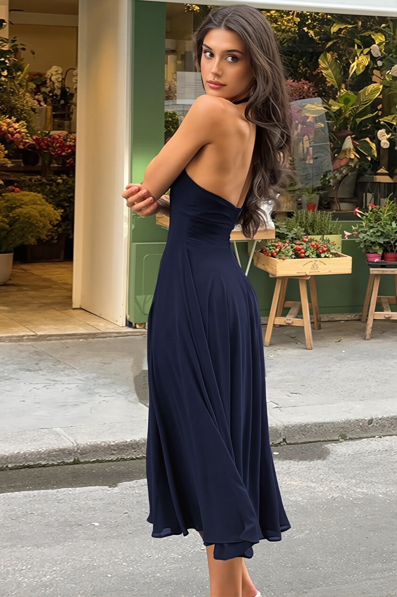 Halter Contrast Backless Slim Maxi Dress