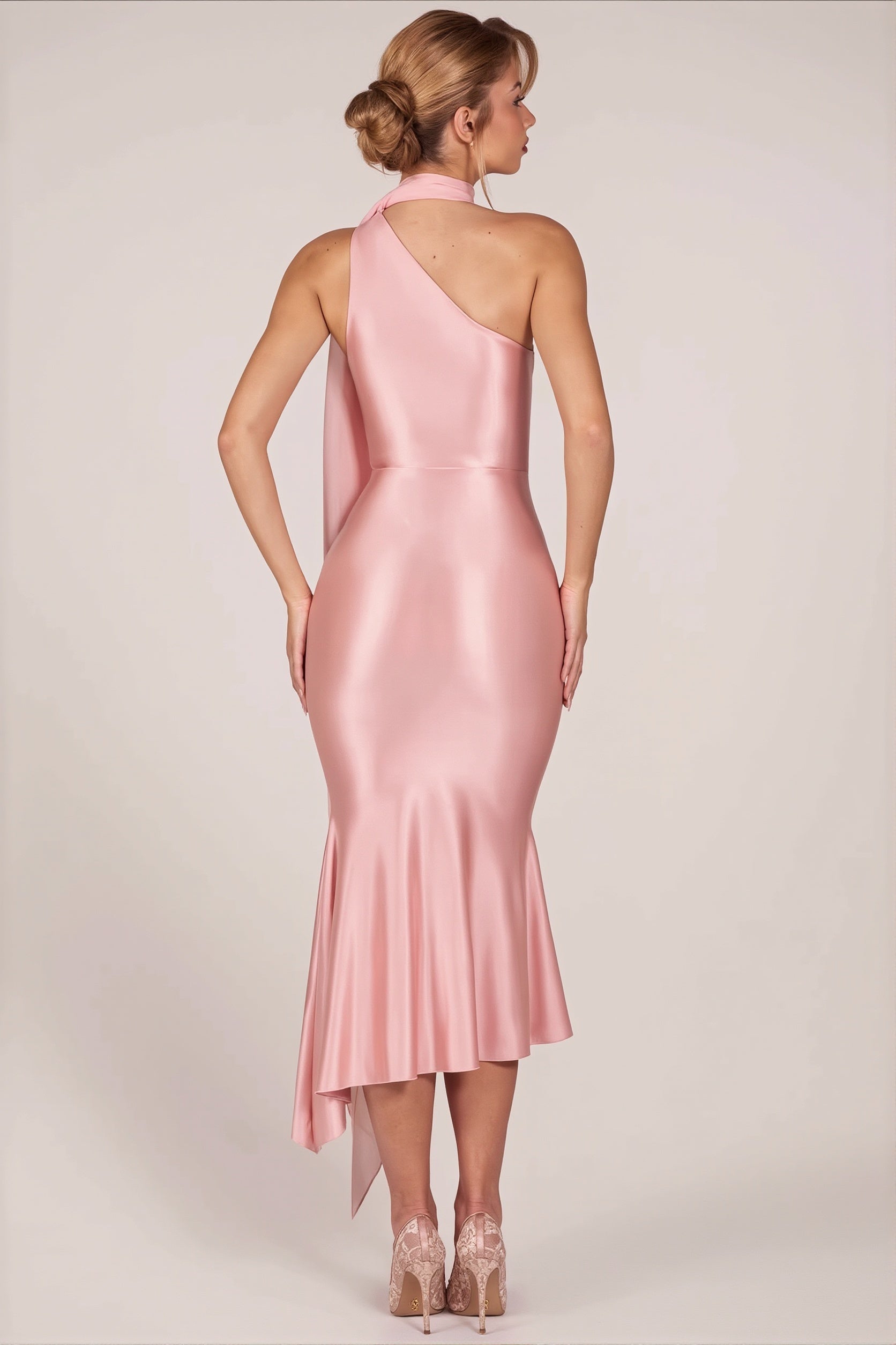 One-Shoulder Mesh-Satin Maxi Dress