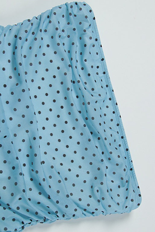 Polka Dot Bandeau Mesh Bow Mini Dress