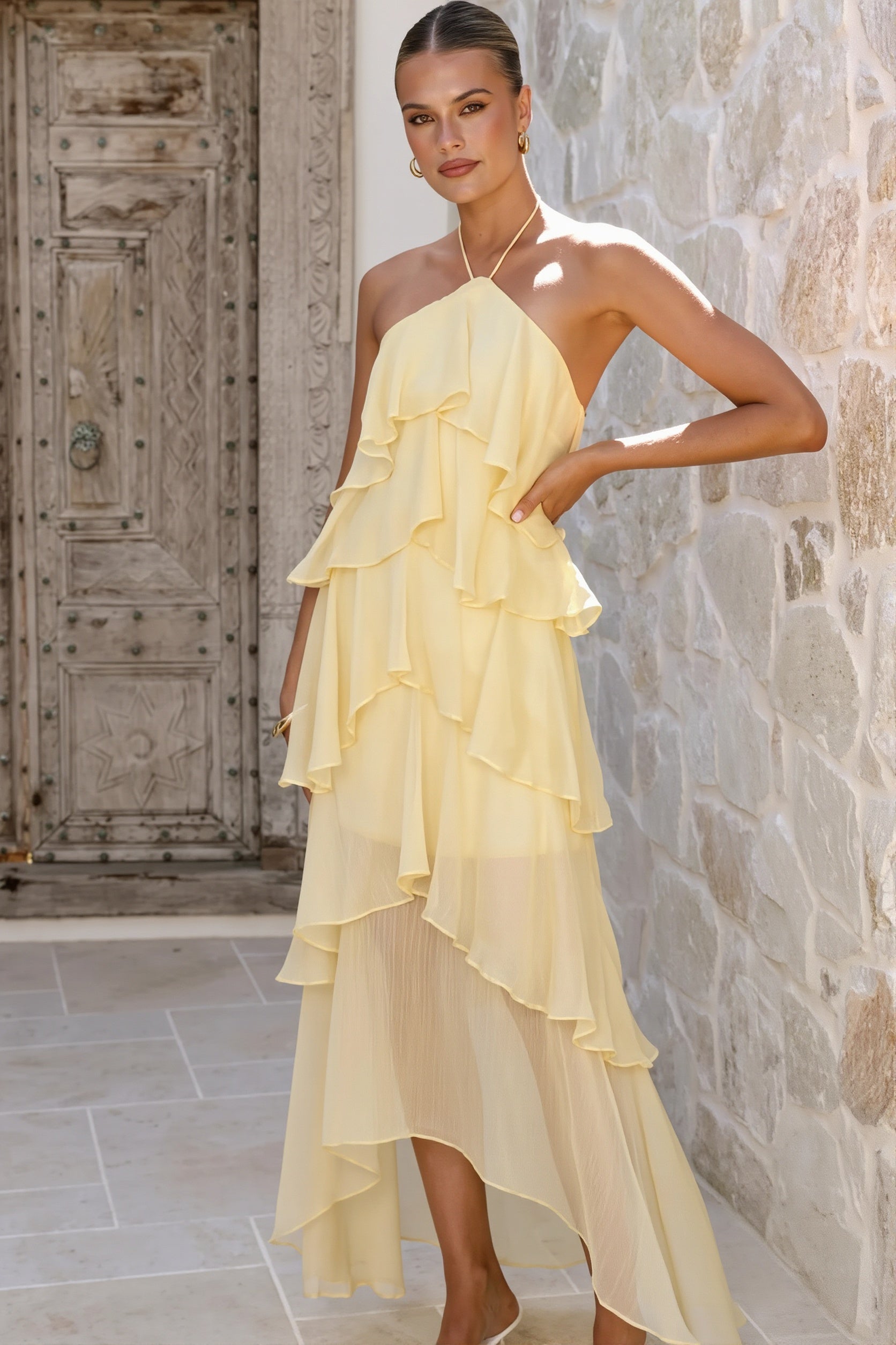 Tiered Ruffle Chiffon Maxi Dress
