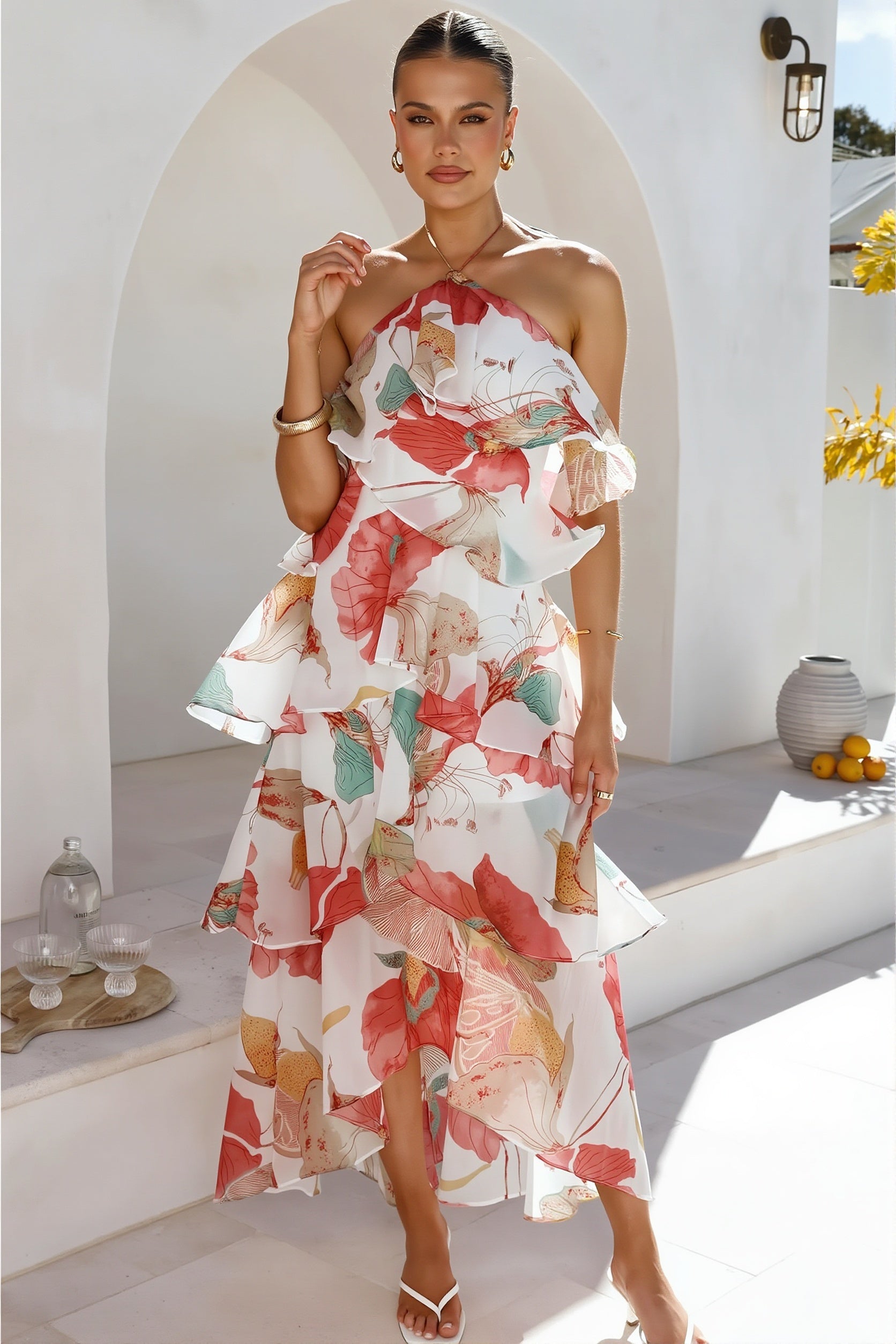 Tiered Ruffle Chiffon Maxi Dress