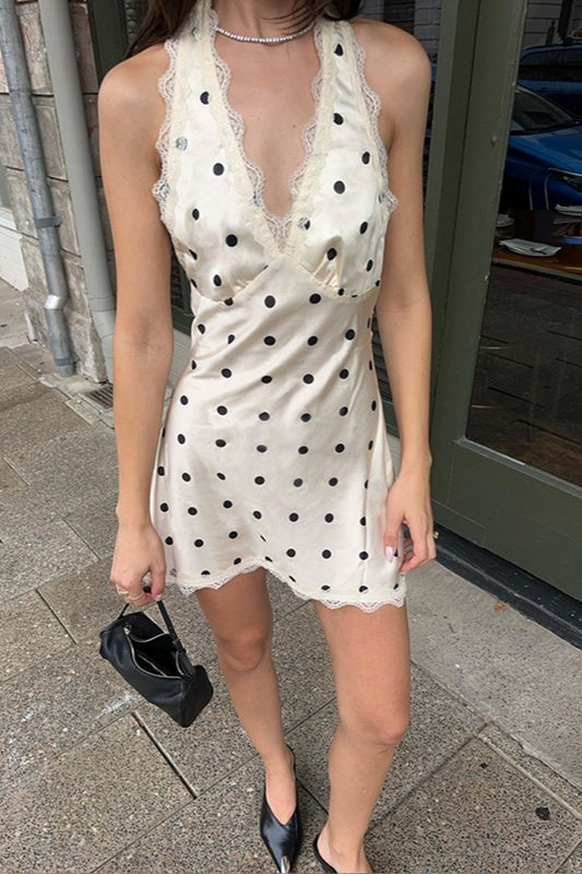 Polka Dot Lace-Trim Halter Mini Dress