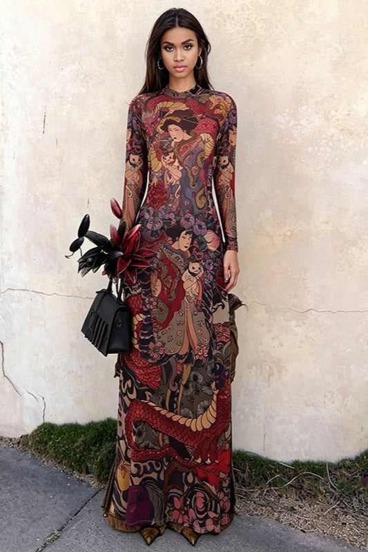 Round-Neck Print Waist-Tie Slit Maxi Dress