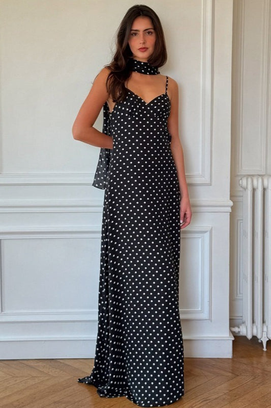 Polka Dot V-Neck Cami Backless Maxi Dress