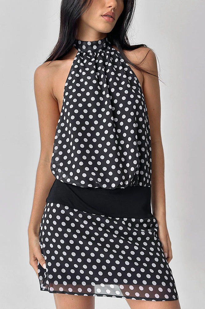 Polka Dot Chiffon Halter Bodycon Mini Dress