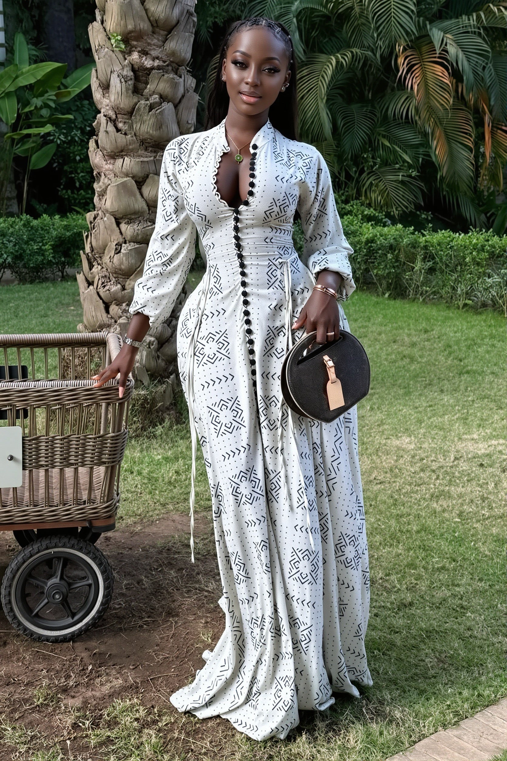 Stand-Collar Button-Front Maxi Dress