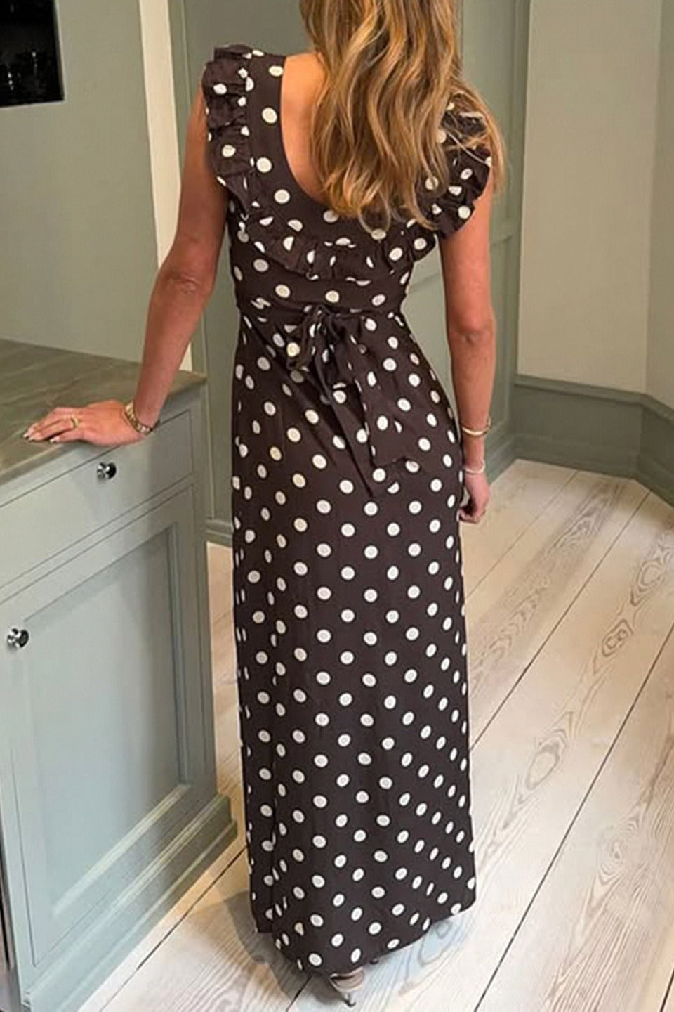 Polka Dot U-Neck Ruffle Bodycon Maxi Dress