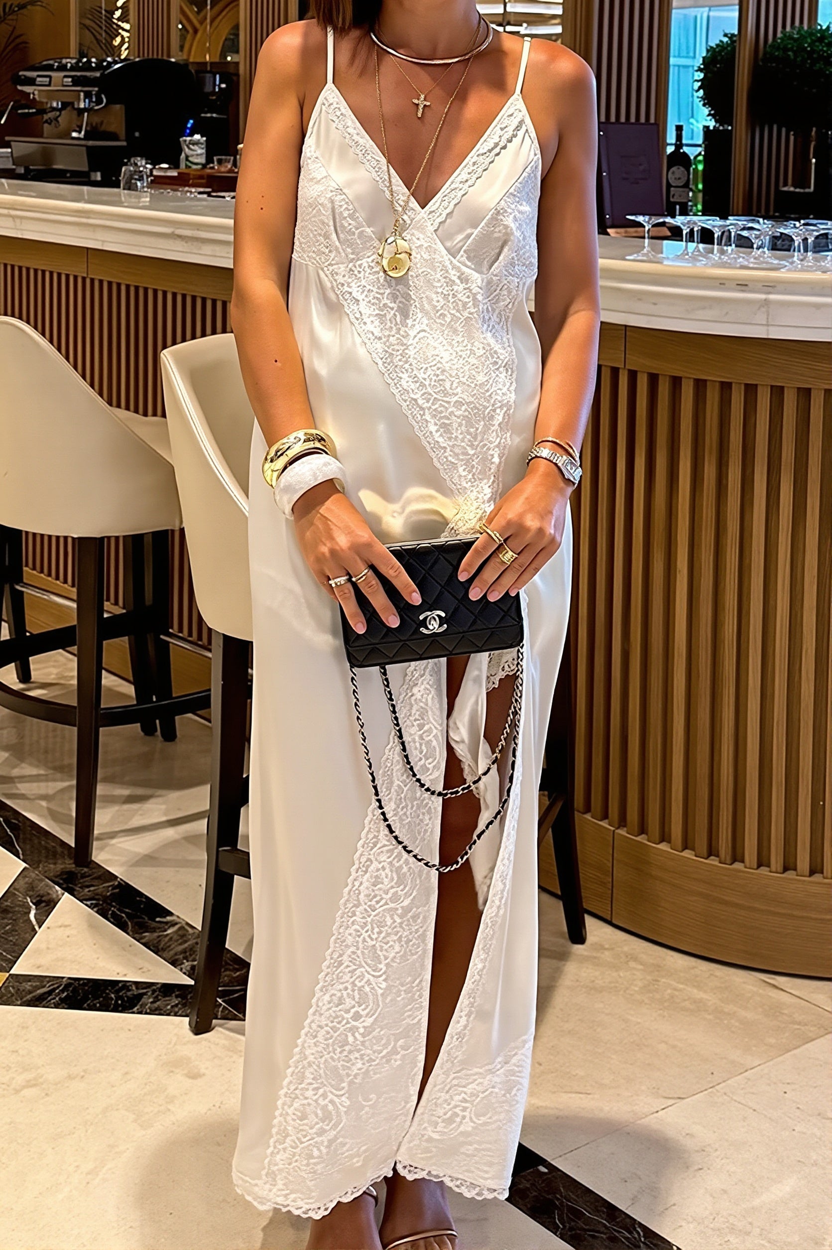 Satin Lace-Trim Cami Slip Maxi Dress