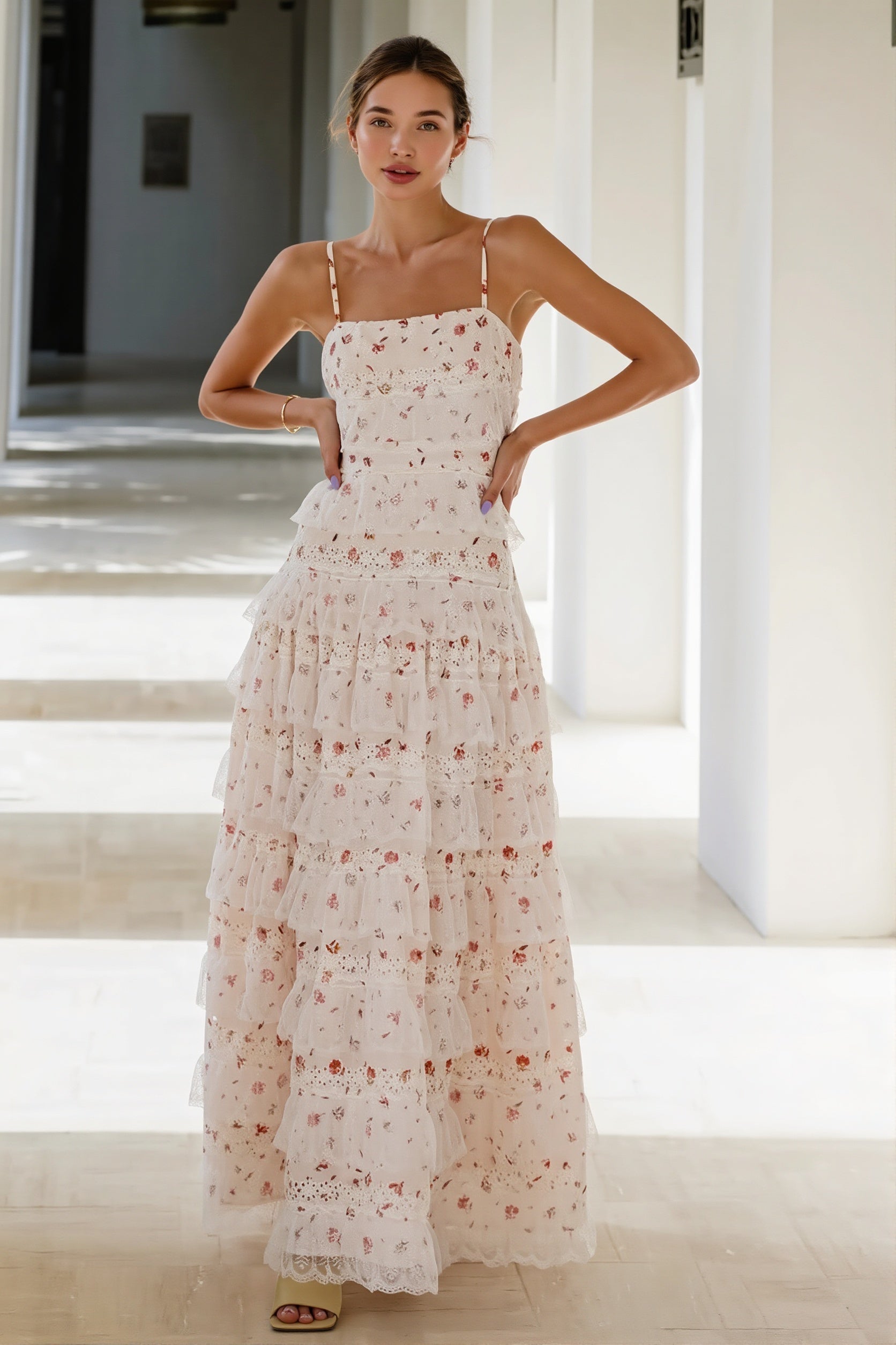 Lace-Trim Tiered-Ruffle Cami Maxi Dress