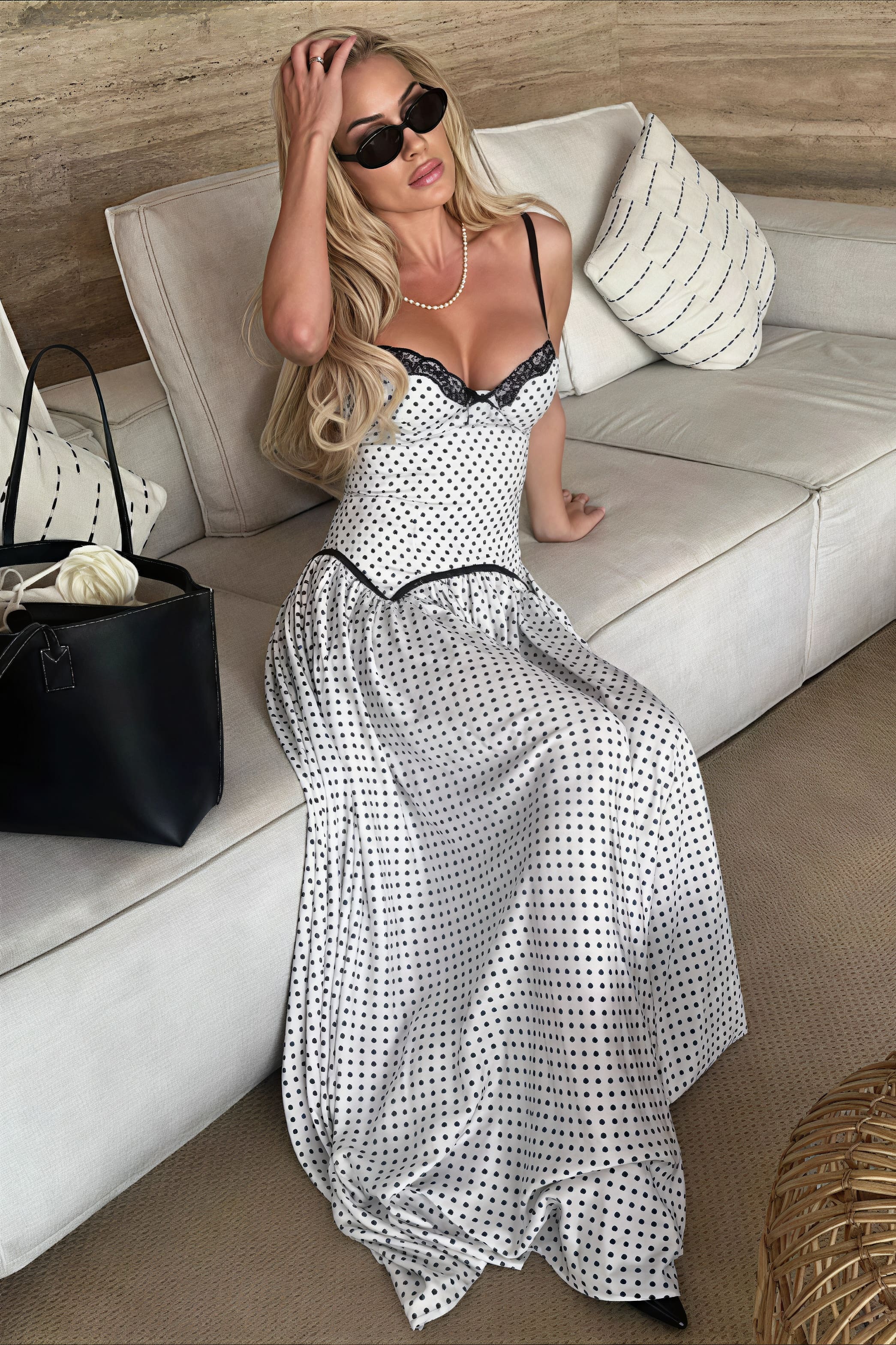 Polka Dot Lace Spaghetti-Strap Maxi Dress