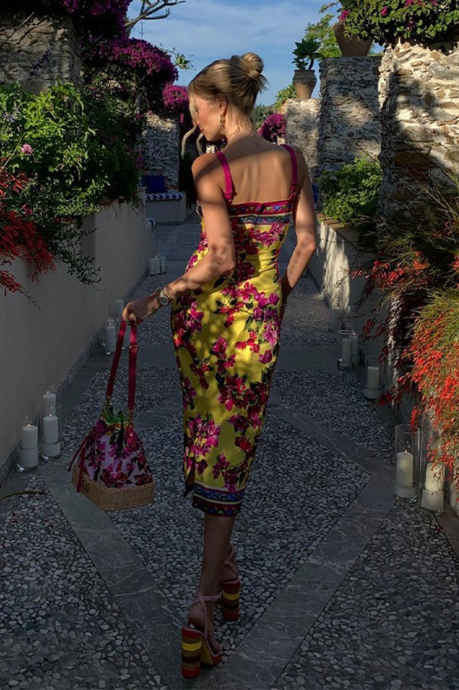 Vintage-Print Cami Slim Midi Dress