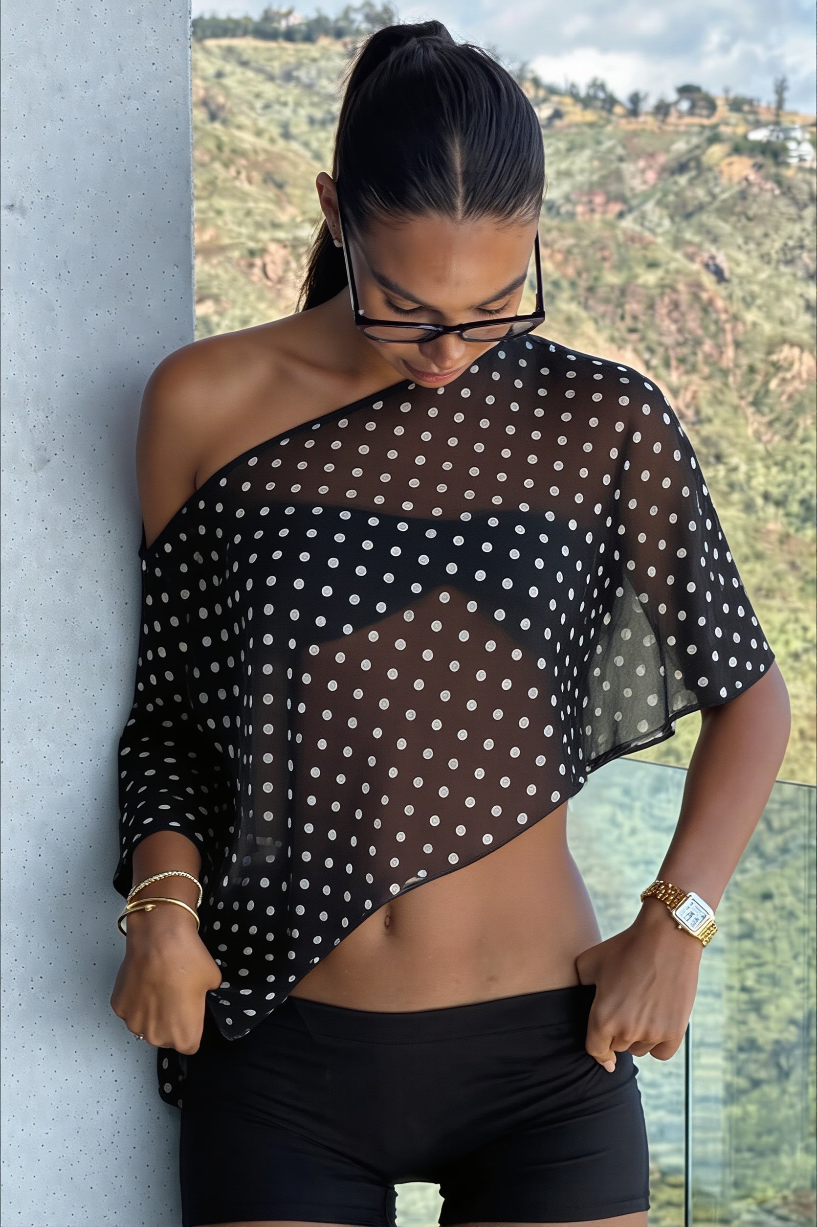Chiffon Polka Dot Asymmetric Blouse