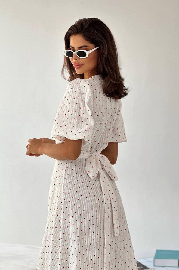 Heart-Print V-Neck Wrap Maxi Dress