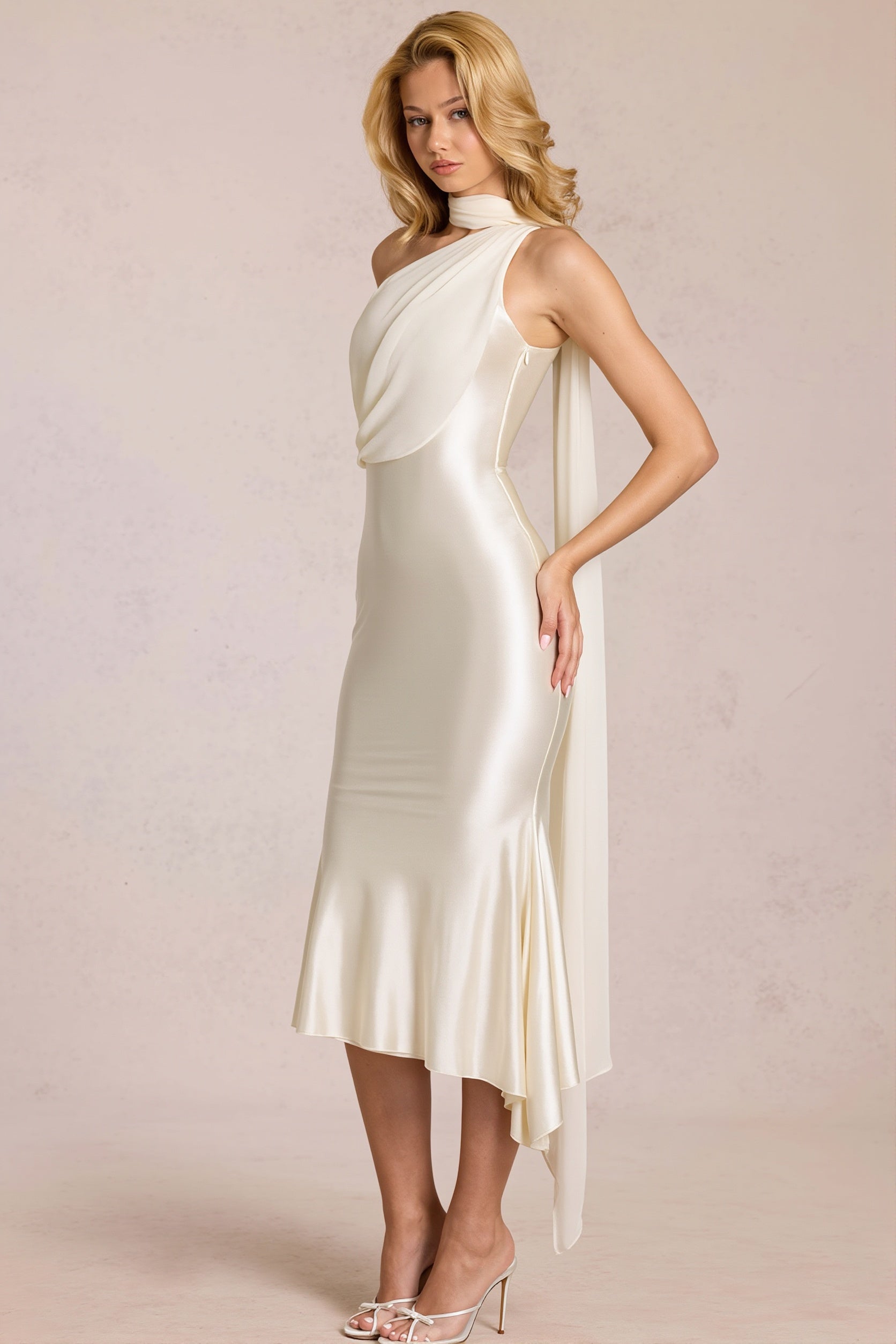 One-Shoulder Mesh-Satin Maxi Dress