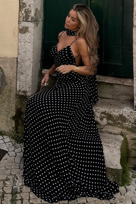 Polka Dot V-Neck Cami Backless Maxi Dress