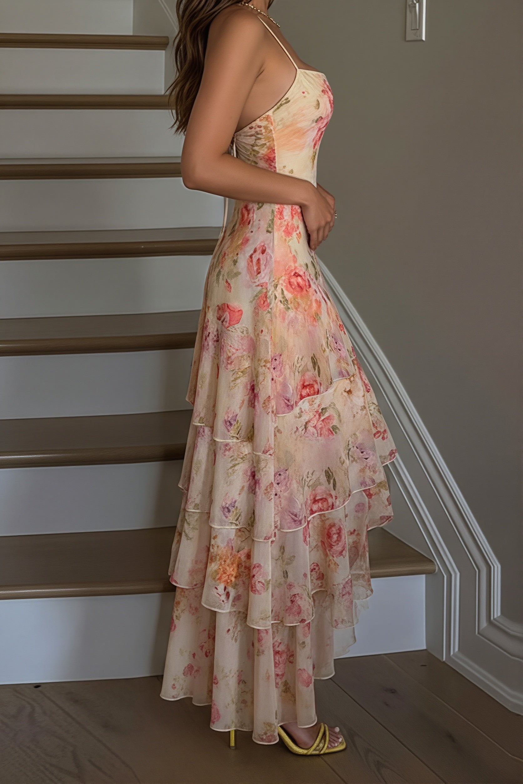 Floral Halter Irregular-Hem Maxi Dress